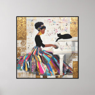 Gold Foil Black Lady Pianist and Cat Canvas Print