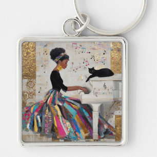 Gold Foil Black Lady Pianist and Cat Key Ring