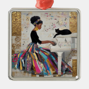 Gold Foil Black Lady Pianist and Cat Metal Tree Decoration