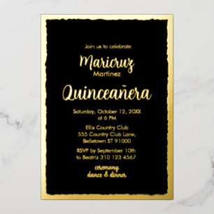 Gold Foil Black Quinceañera Photo Invitation