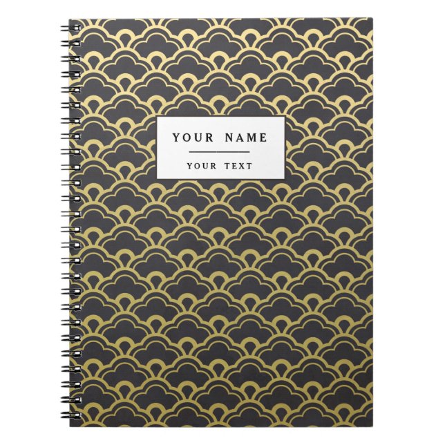 Gold Foil Black Scalloped Shells Pattern Spiral Notebook (Front)