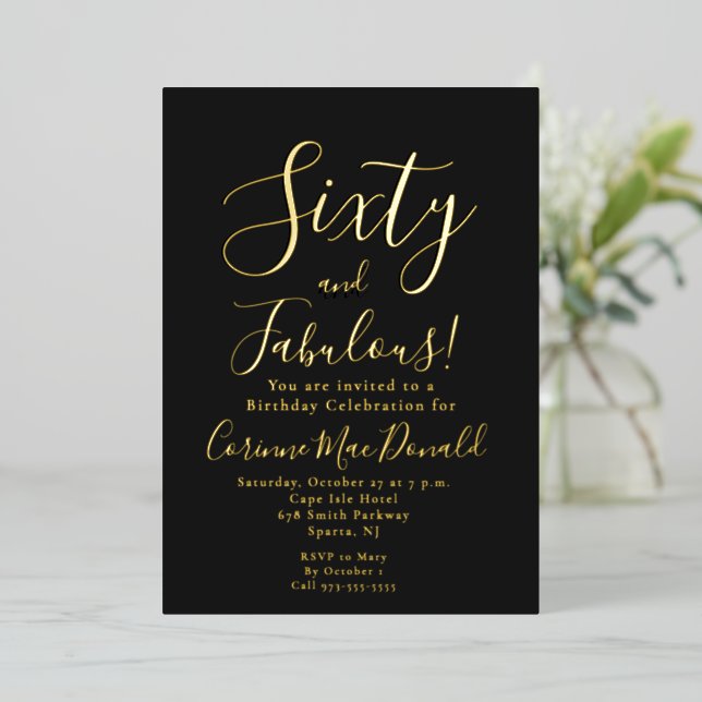 Gold Foil Black Sixty & Fabulous 60th Birthday (Standing Front)