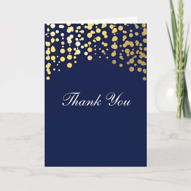 Gold Foil Blue Confetti Wedding Thank You Card (Front)