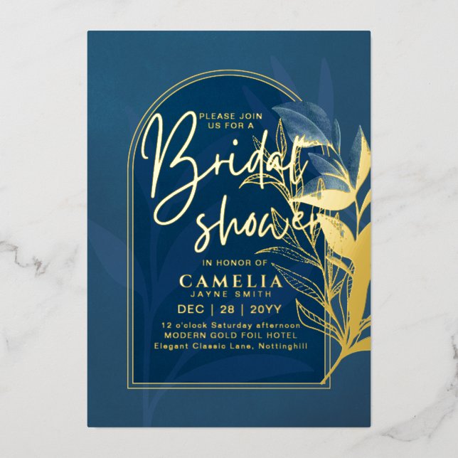 GOLD FOIL Blue Leaves BRIDAL SHOWER QR Code Foil I (Front)
