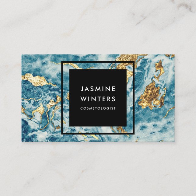 Gold foil blue marble watercolor minimal elegant business card (Front)