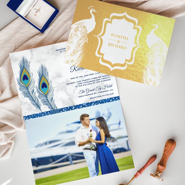 Gold Foil Blue Peacock Feathers Wedding Invitation (Creator Uploaded)