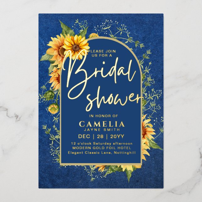 GOLD FOIL Blue Sunflowers BRIDAL SHOWER QR Code (Front)