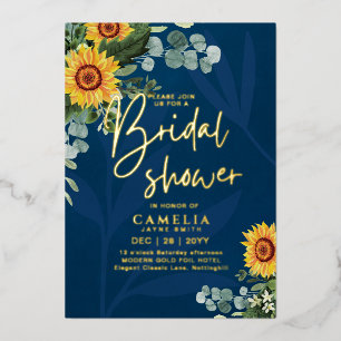 GOLD FOIL Blue Sunflowers BRIDAL SHOWER QR Code Fo