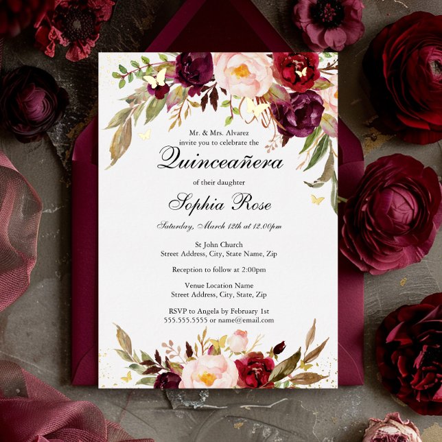 GOLD FOIL Blush Burgundy Floral Quinceanera  (Creator Uploaded)