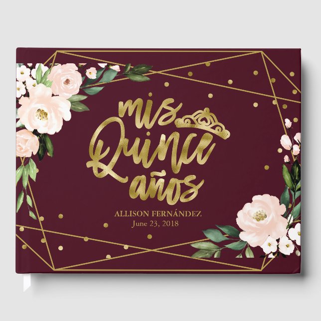 Gold Foil Blush Burgundy Floral Quinceanera Guest Book (Front)