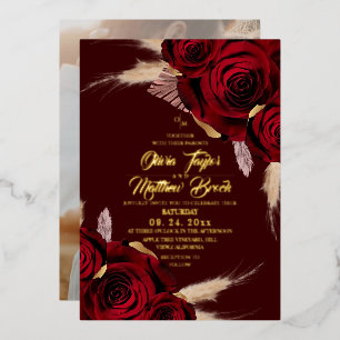 Gold Foil Boho Burgundy Roses Pampas Grass Wedding