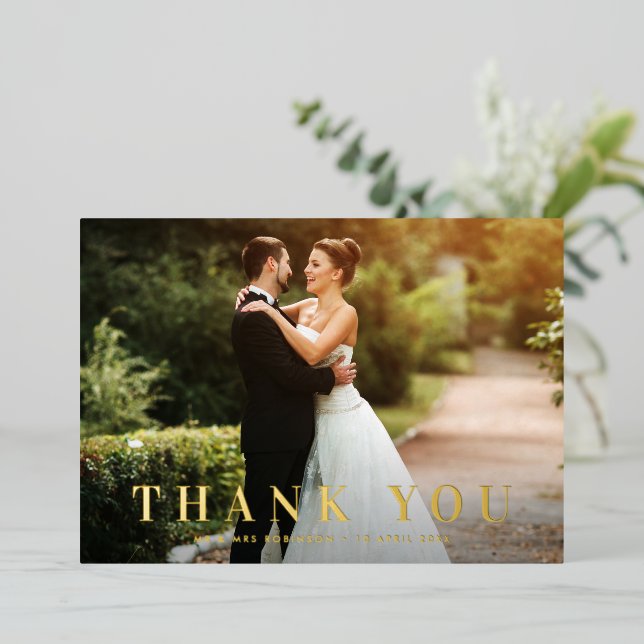 Gold foil bold text wedding thank you card (Standing Front)