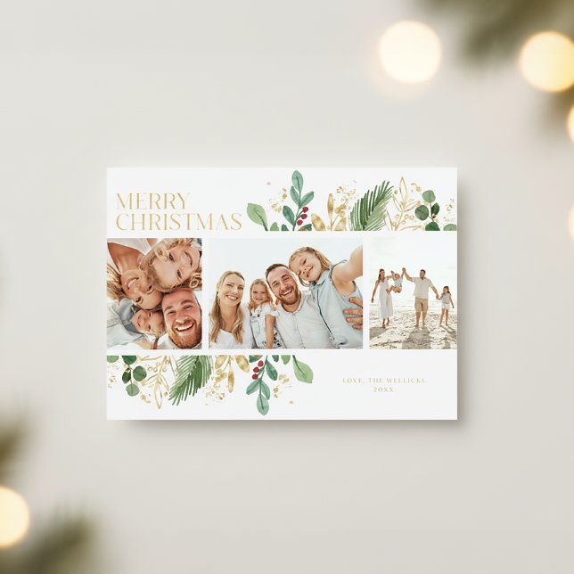 Gold Foil Botanical Family Photo Christmas Card (Creator Uploaded)