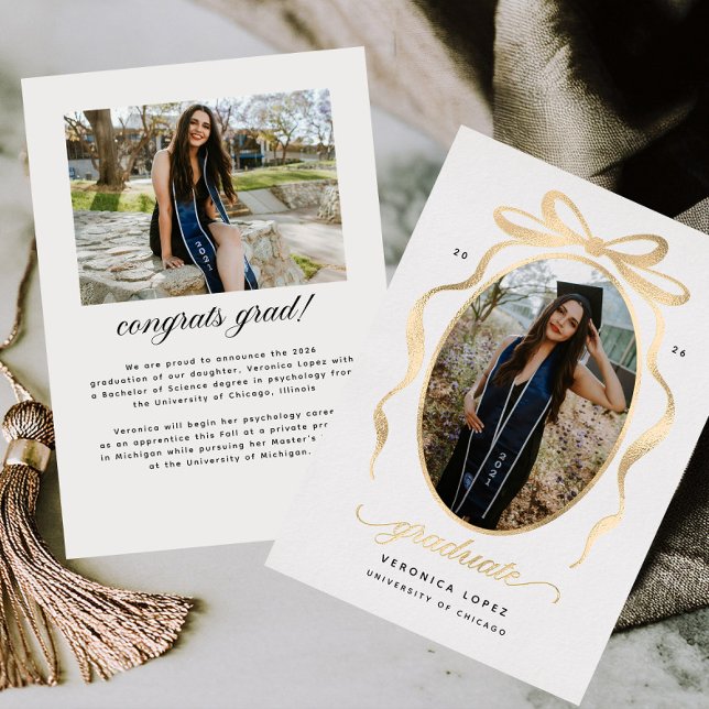 Gold Foil Bow Graduation Announcement Card (Creator Uploaded)