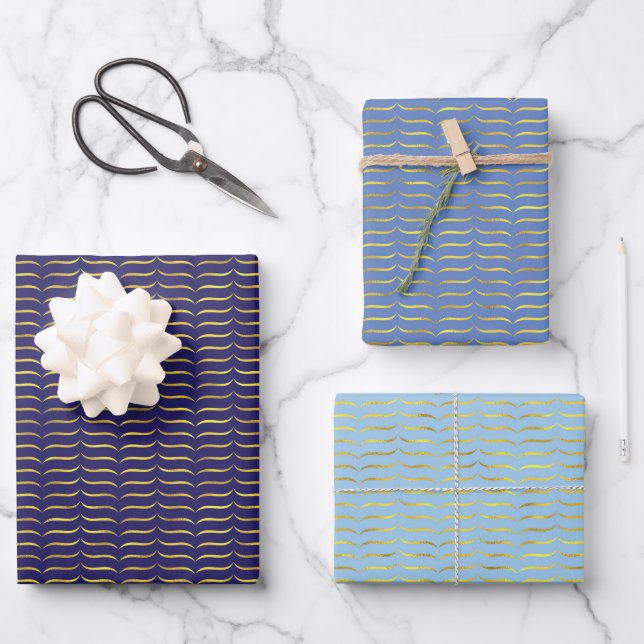 Gold Foil Brackets and Blue Coloured Backgrounds  Wrapping Paper Sheet (Front)
