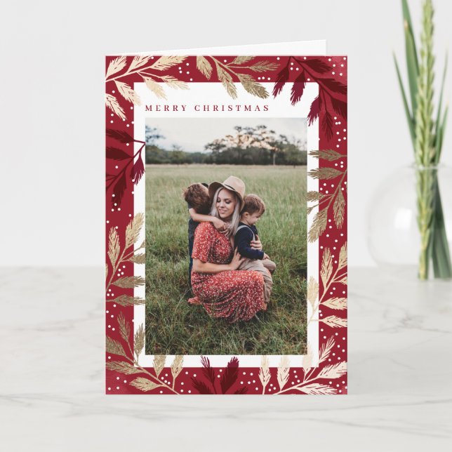 Gold Foil Branches Merry Christmas 3 Photo Holiday Card (Front)