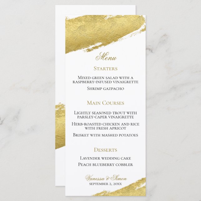 Gold foil brush stroke elegant modern wedding menu (Front/Back)
