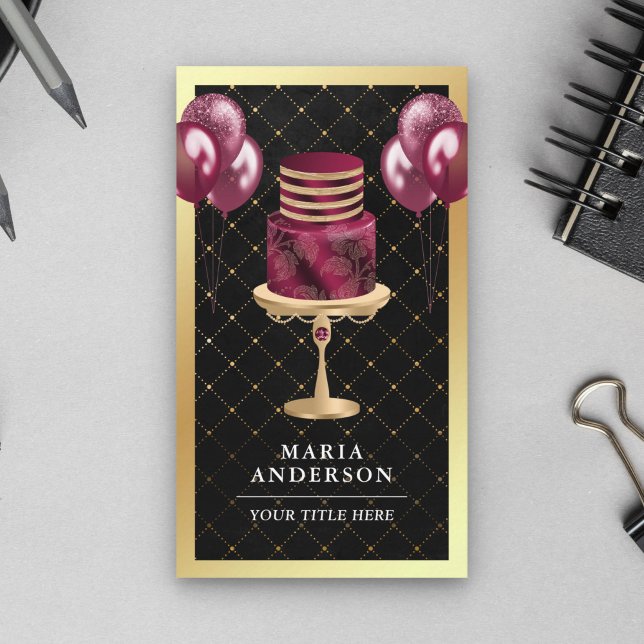 Gold Foil Burgundy Cake Balloons Event Planner Business Card (Creator Uploaded)