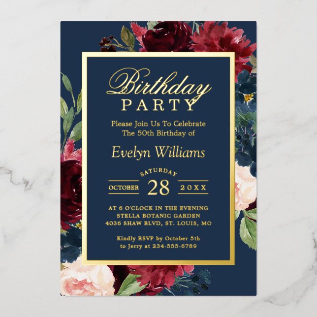 Gold Foil | Burgundy Navy Floral Birthday Party (Front)