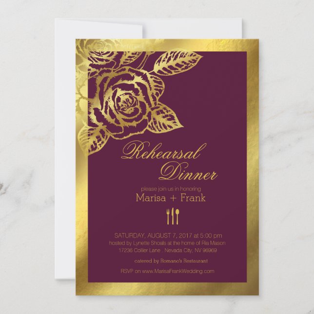 Gold Foil Burgundy Vintage Roses Rehearsal Dinner Invitation (Front)