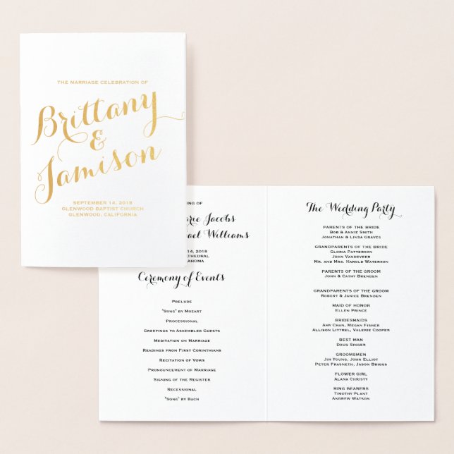Gold Foil Calligraphy Typography Wedding Program Card (Display)