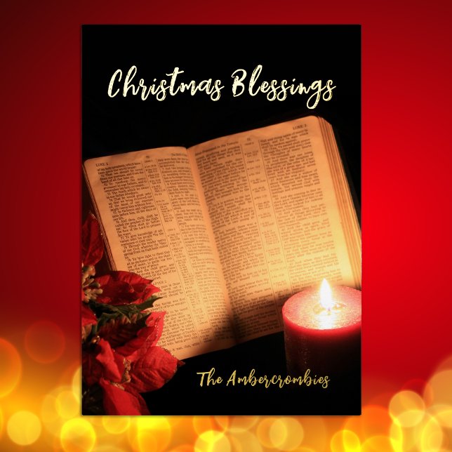 Gold Foil Candle Poinsettia Old Bible (Gold Foil Candle Poinsettia Old Bible holiday card)