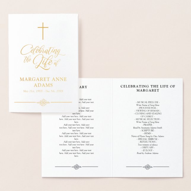 Gold Foil Celebration of Life Funeral Program Card (Display)