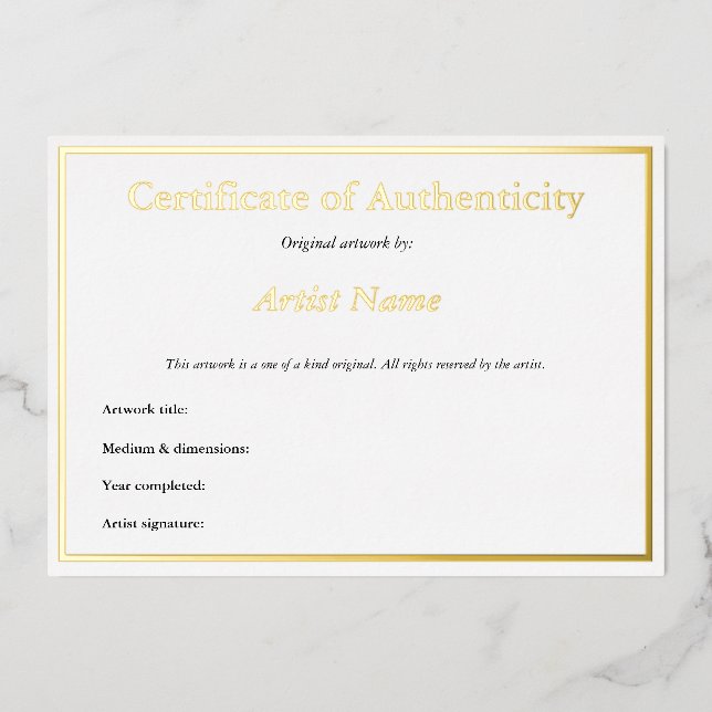Gold Foil Certificate of Authenticity for Art (Front)
