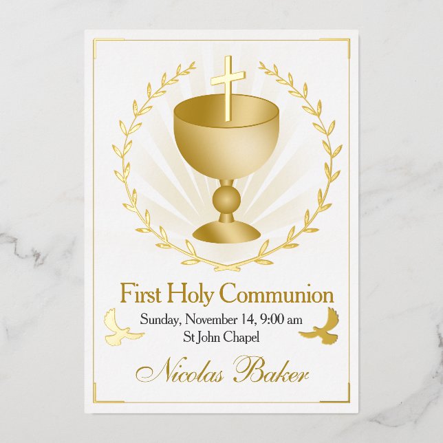 Gold Foil Chalice First Holy Communion Invitation (Front)