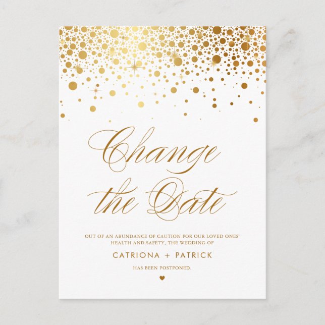 Gold Foil Change the Date Wedding Postponement Announcement Postcard (Front)