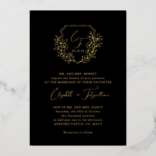 Gold Foil Cherry Blossoms Monogram Crest Black (Front)
