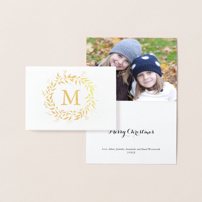 Gold Foil Christmas Holiday Monogram Wreath Card (Display)