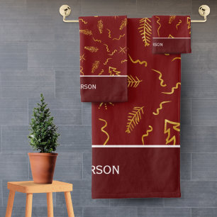 Gold Foil Christmas Tree Pattern Red Holiday Bath Towel Set
