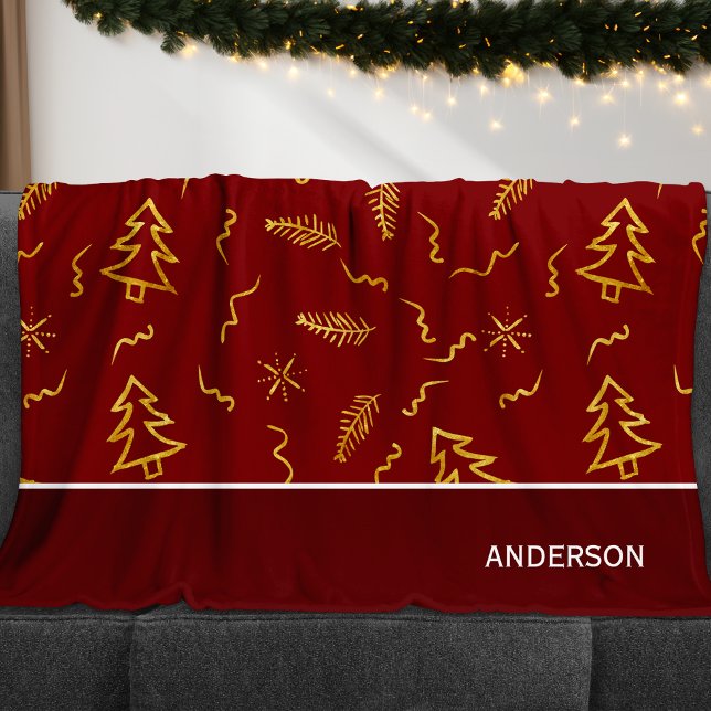 Gold Foil Christmas Tree Pattern Red Holiday Fleece Blanket (Creator Uploaded)
