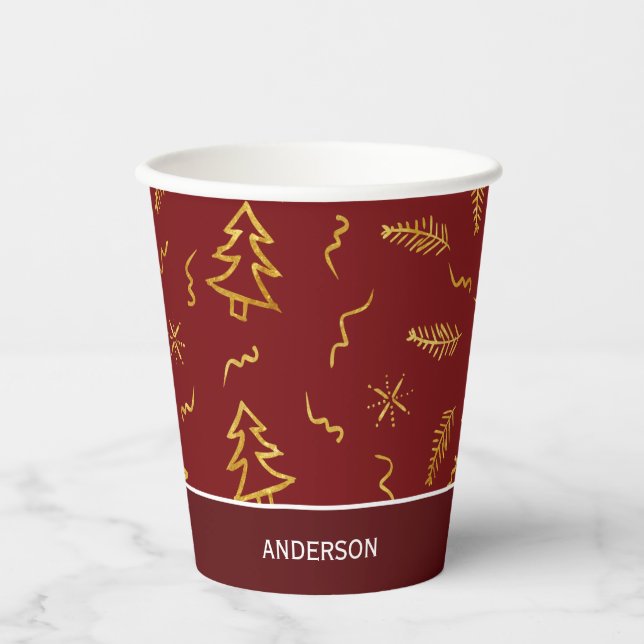 Gold Foil Christmas Tree Pattern Red Holiday Paper Cups (Front)