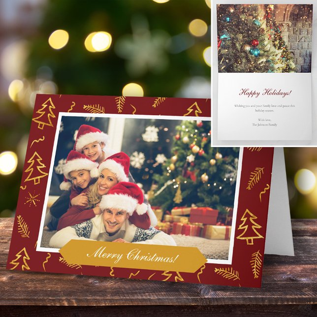 Gold Foil Christmas Tree Pattern Red Holiday Photo Card (Creator Uploaded)