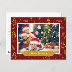Gold Foil Christmas Tree Pattern Red Holiday Photo Postcard