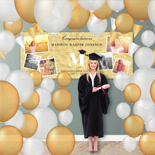 Gold Foil Classic Monogram 6 Photo Chic Grad Party Banner