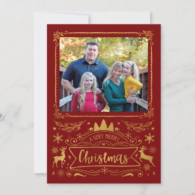 Gold Foil Collage on Red Photo Christmas Holiday Card (Front)