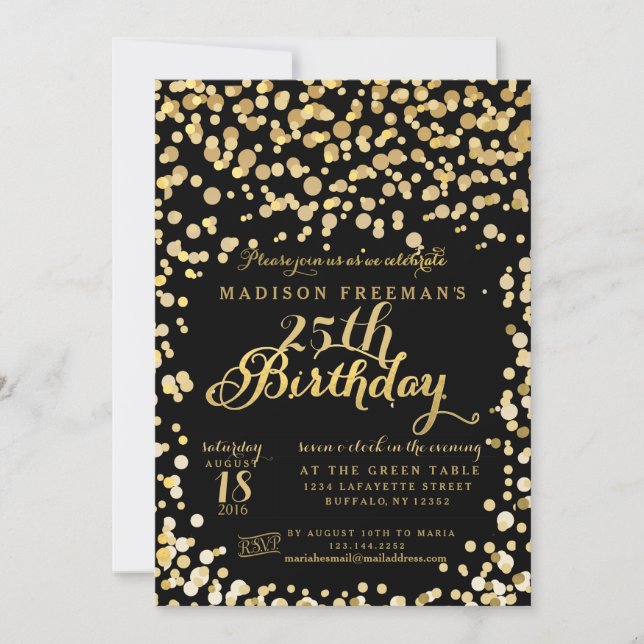 Gold Foil Confetti Black Birthday Party Invitation (Front)