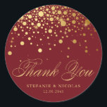 Gold Foil Confetti Burgundy Wedding Thank You Classic Round Sticker<br><div class="desc">These wedding thank you stickers feature a stylish faux gold foil confetti dot design paired with elegant script for a polished, modern look. Available in a variety of background colours, they can be customised with your names and wedding date to suit your event. Perfect for sealing favour bags, gift boxes,...</div>