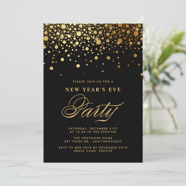 Gold Foil Confetti Dots Black New Year's Eve Party Invitation (Standing Front)