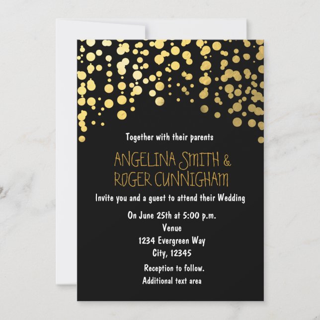 Gold Foil Confetti Dots Black Wedding Invitation (Front)