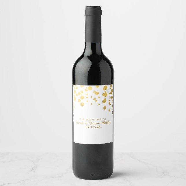 Gold Foil Confetti Dots Elegant Wedding Wine Label (Front)