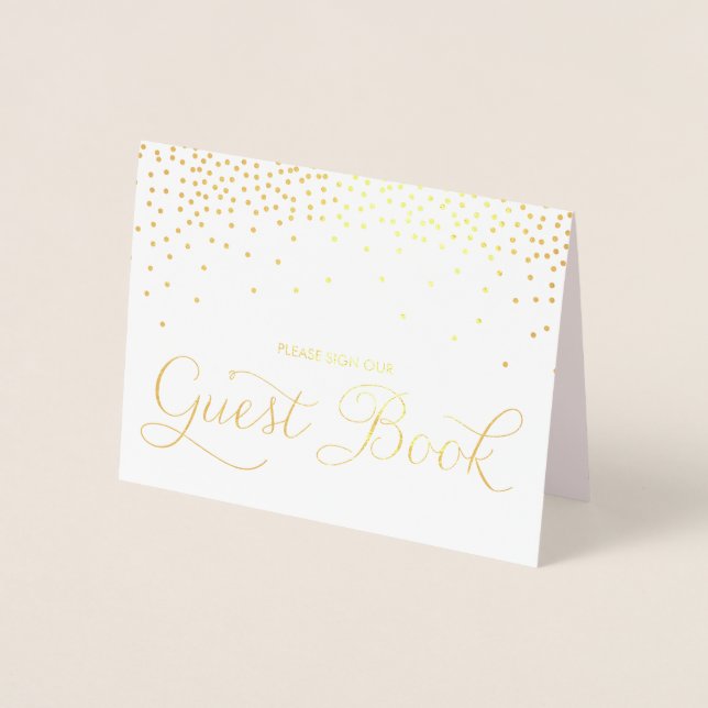Gold Foil Confetti Dots Guest Book Wedding Sign Foil Card (Front)