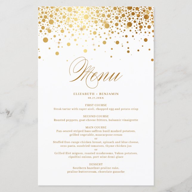 Gold Foil Confetti Dots Wedding Menu Card (Front)