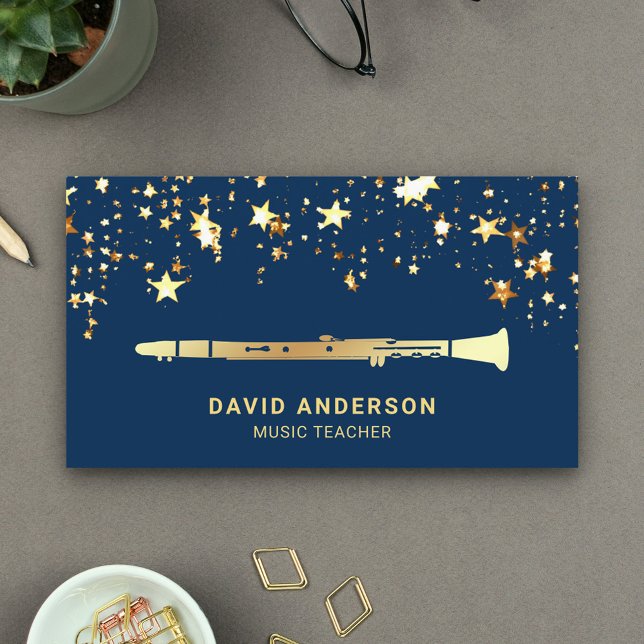 Gold Foil Confetti Elegant Clarinet Music Teacher Business Card (Creator Uploaded)