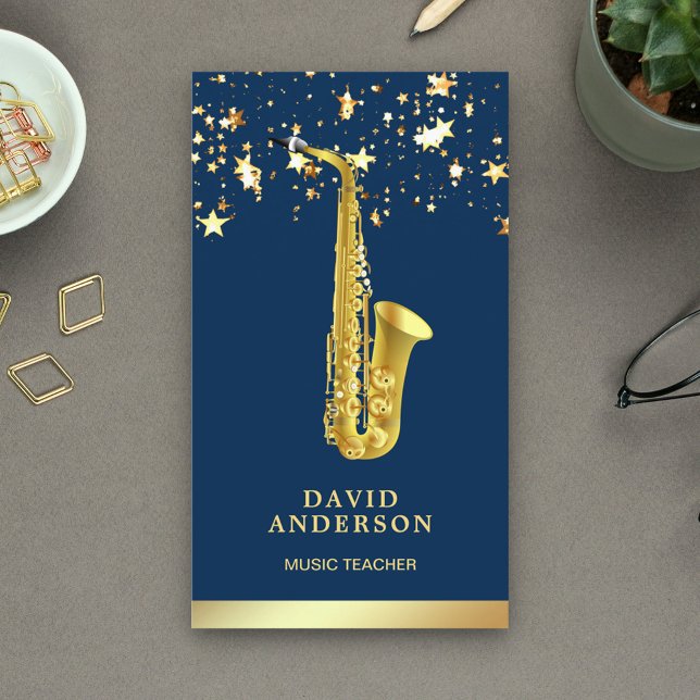 Gold Foil Confetti Elegant Saxophone Saxophonist Business Card (Creator Uploaded)