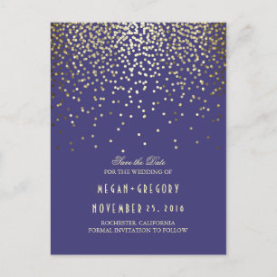 gold foil confetti navy save the date announcement postcard