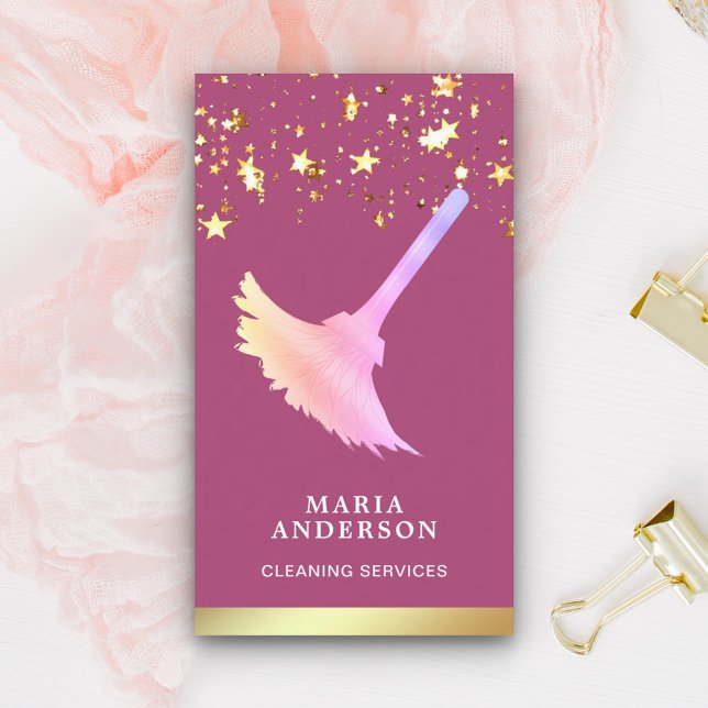 Gold Foil Confetti Pink Duster Cleaning Service Business Card (Creator Uploaded)